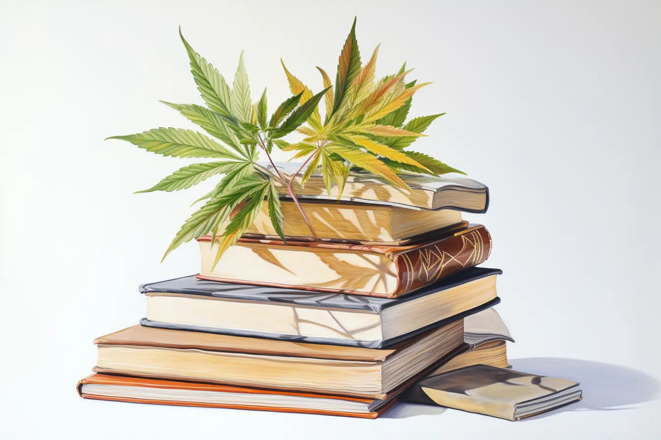 Hanfblätter zusammen mit einem Stapel Bücher, beide in sanften Pastelltönen dargestellt. Ein Stapel Bücher, dekoriert mit einigen Hanfblättern darauf.
