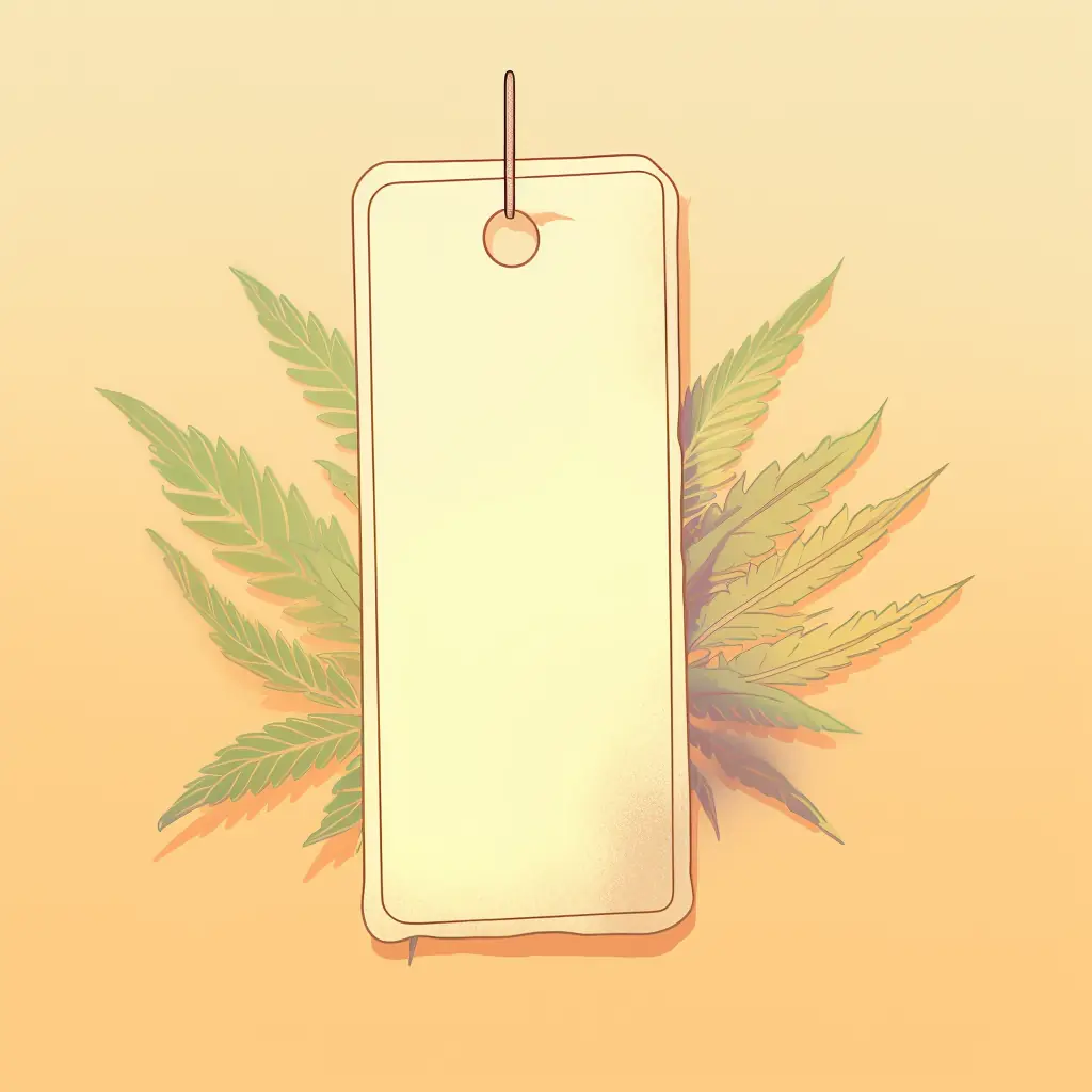Ein Preisschild, das neben einem in Pastelltönen gehaltenen Hanfblatt platziert ist. Ein Preisetikett mit einem daran hängenden Marihuana-Blatt, das für den Cannabis Social Club in Hanau bestimmt ist.