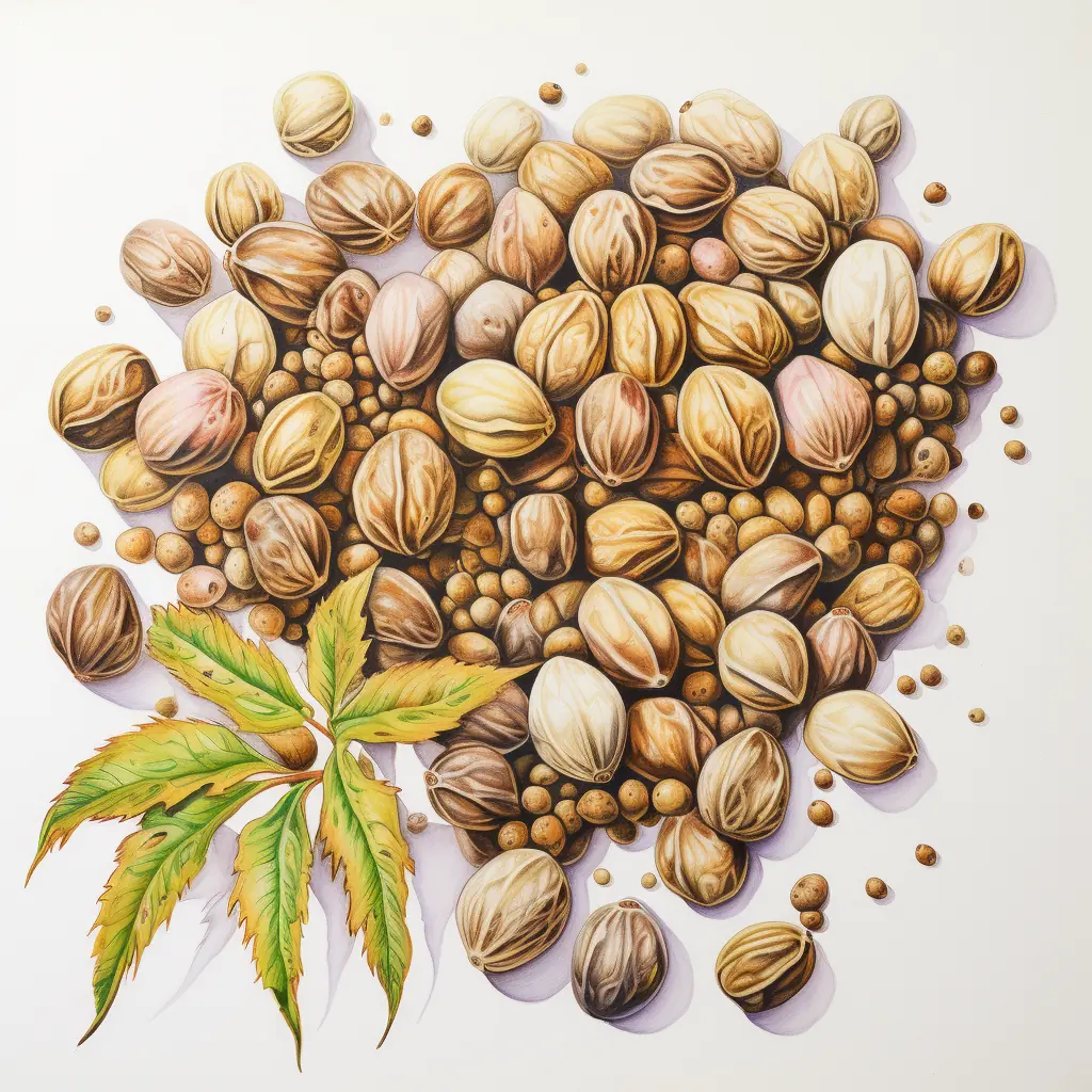 Cannabis-Samen dargestellt in sanften Pastelltönen - semi-realistische Darstellung. Eine Ansammlung von Hanfsamen auf einem hellen Untergrund.