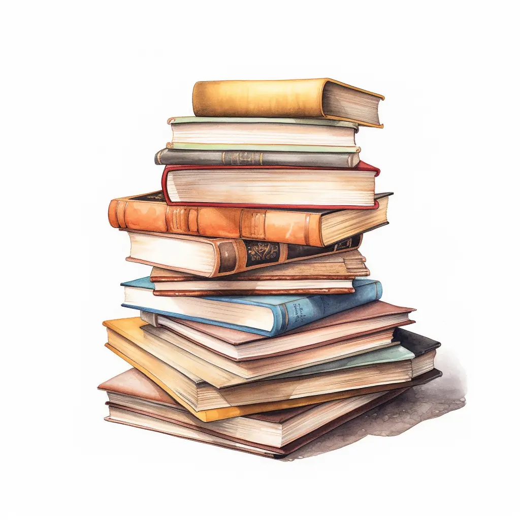 Eine semi-realistische Darstellung eines Bücherstapels in sanften Pastelltönen. Ein Stapel Bücher, präsentiert auf einem weißen Hintergrund in der Stadt.