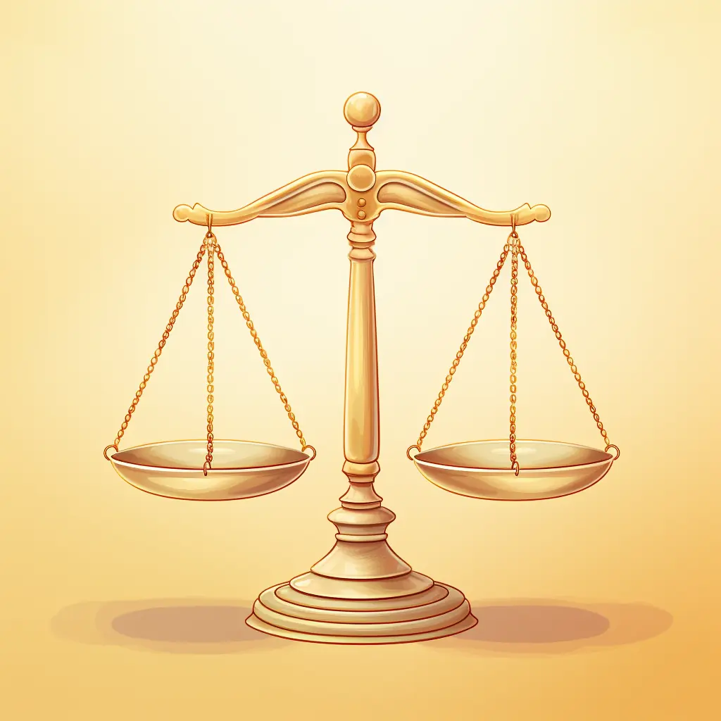 Ein Symbol für eine Waage, das Recht repräsentiert, in sanften Pastelltönen dargestellt. Eine goldene Justizwaage auf einem beige-farbenen Hintergrund.