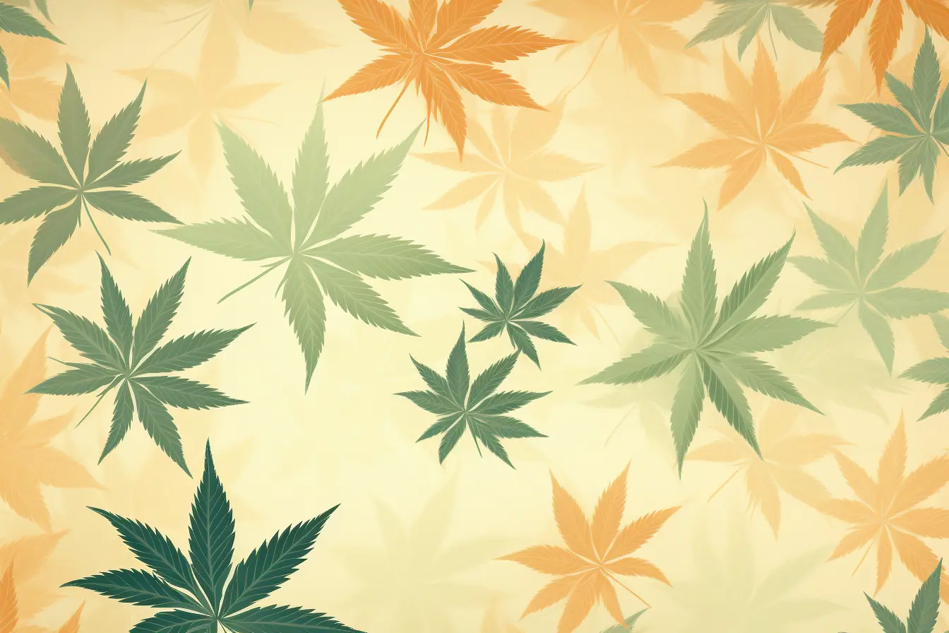 Zartes Hintergrundmuster von Cannabisblättern in Pastellfarben Ein Design mit Hanfblättern auf einem beige-farbenen Hintergrund, speziell für einen Cannabis Social Club in Hanau gestaltet.